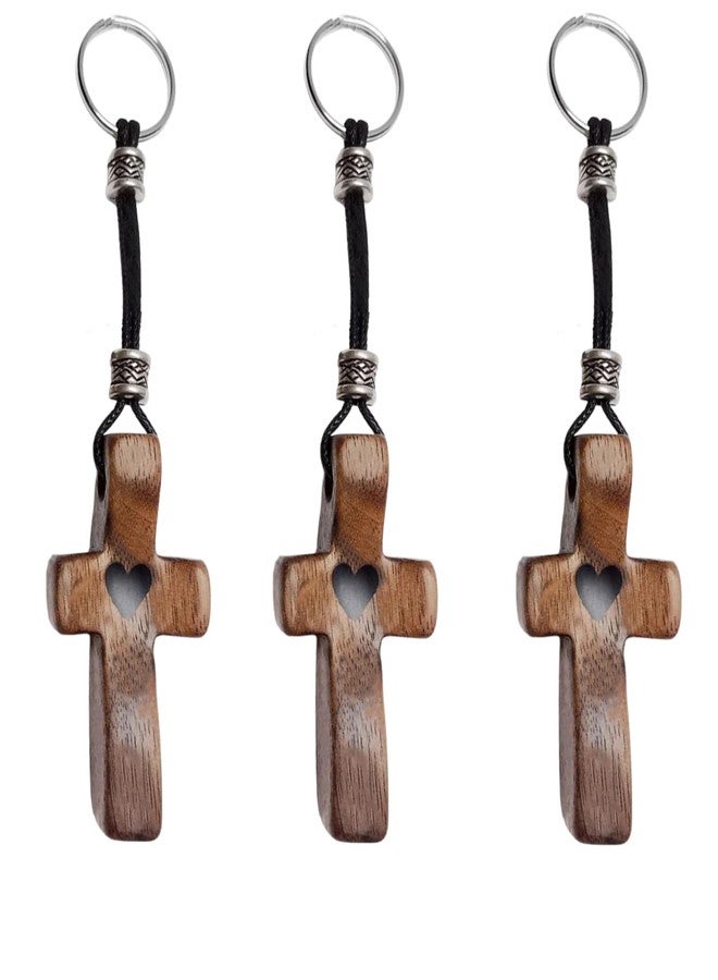 Fving 3 PCS Cross Keychain,100% Walnut Christian Keychain for Women,Small Jesus Key Chains with Heart,Wood Cross Fidget,Pocket Cross for Encouragement & Prayer, Stress/Anxiety Relief,Christmas Gift Family - Image 1